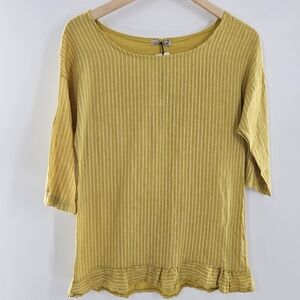 Lungo L'arno 3/4 Sleeve 100% Linen Mustard Striped Top w/ Ruffle Hem Size Small